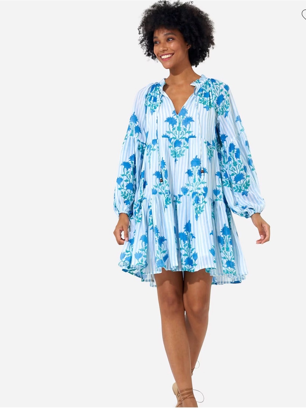 Oliphant Blue Floral Stripe Cotton Voile Balloon Sleeve Tiered Mini Dress Small